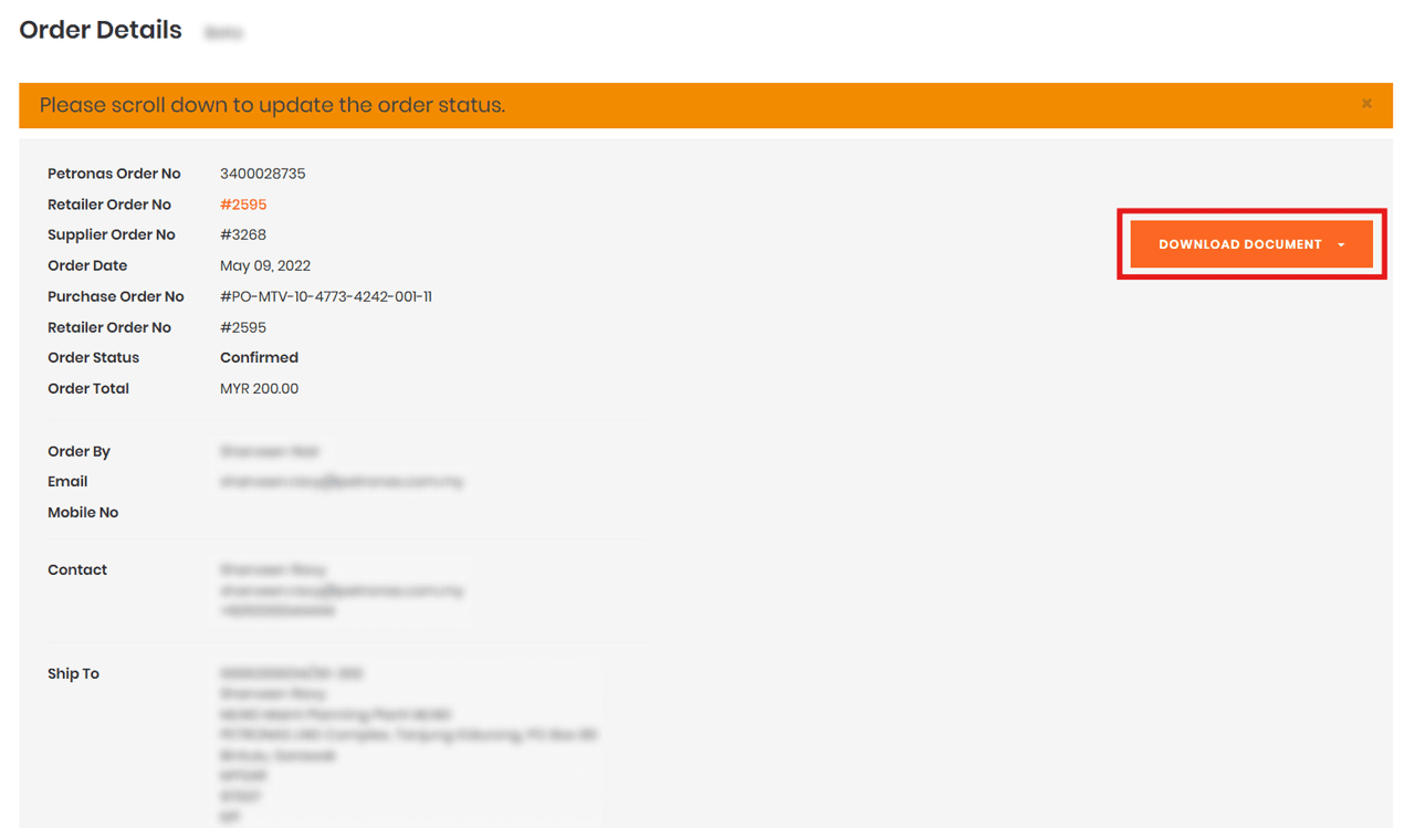 Order details and PO download screen