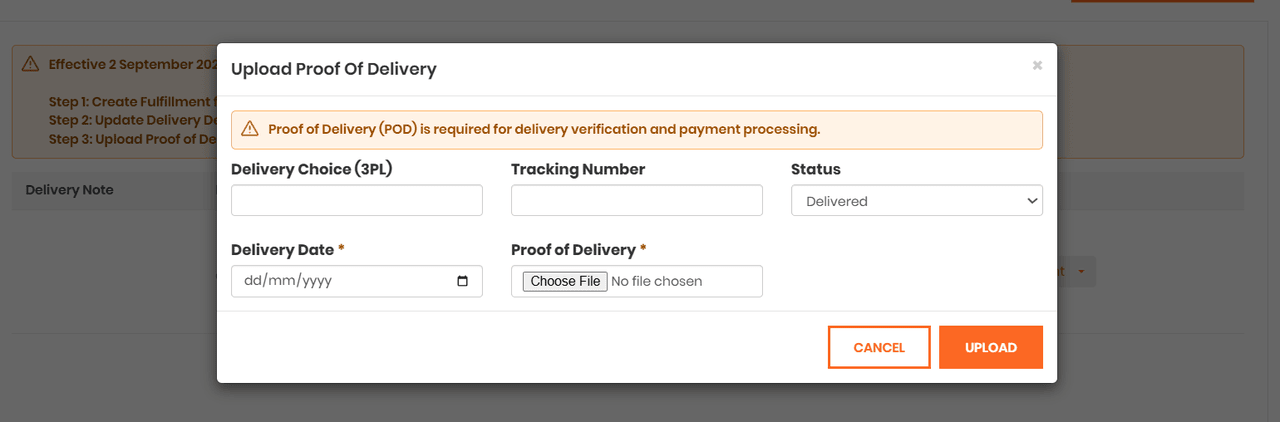 Upload POD screen
